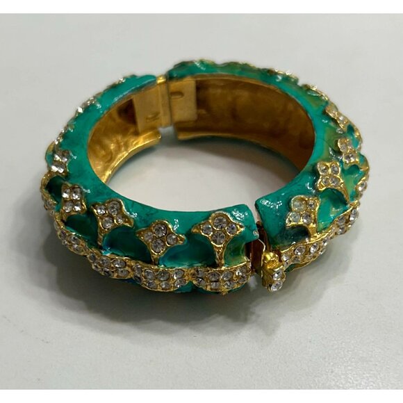 Rare ViTG 1960's Era Kenneth Jay Lane Turquoise Crystals Gold Tone Hinged Bangle - Picture 4 of 11